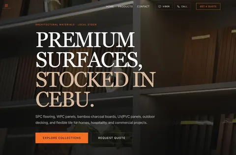 Flame & Finish website showing architectural materials stocked in Cebu