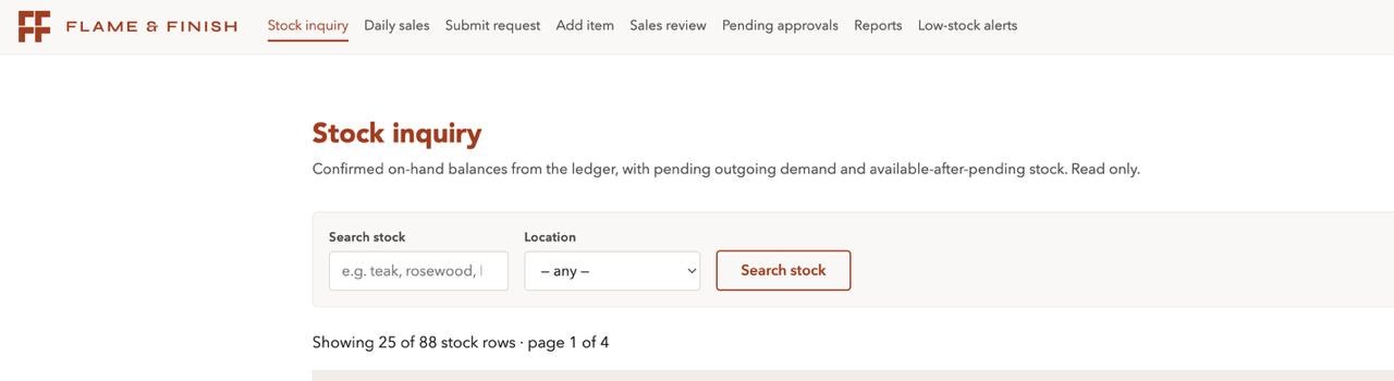 Flame & Finish stock inquiry screenshot