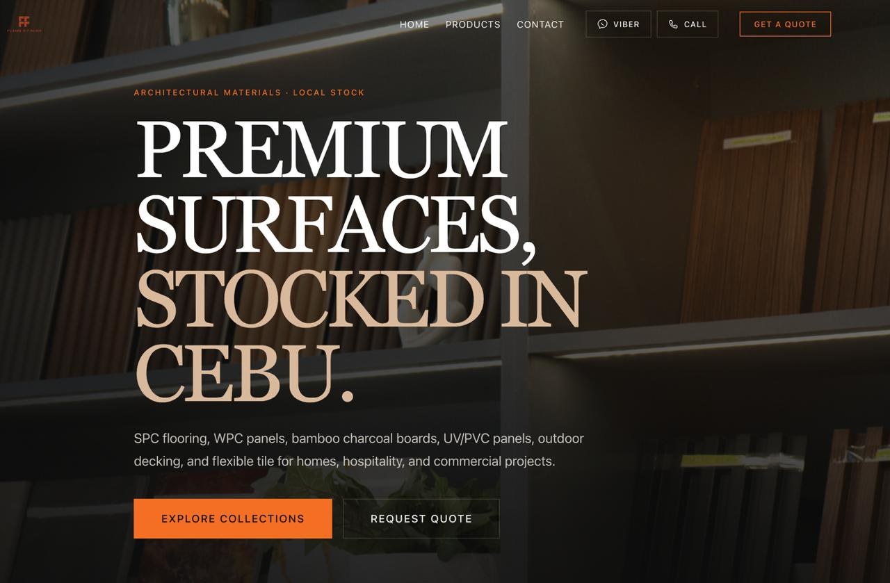 Flame & Finish website screenshot showing premium surfaces stocked in Cebu